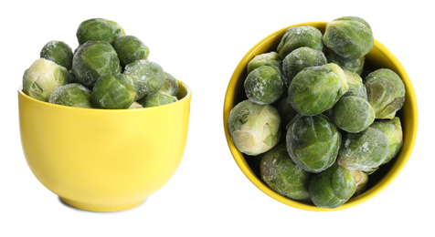 Image of Frozen Brussels sprouts in bowls on white background. Vegetable preservation