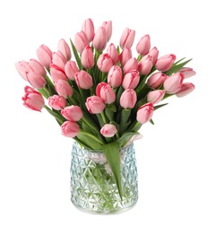 Photo of Bouquet of beautiful pink tulips in vase isolated on white