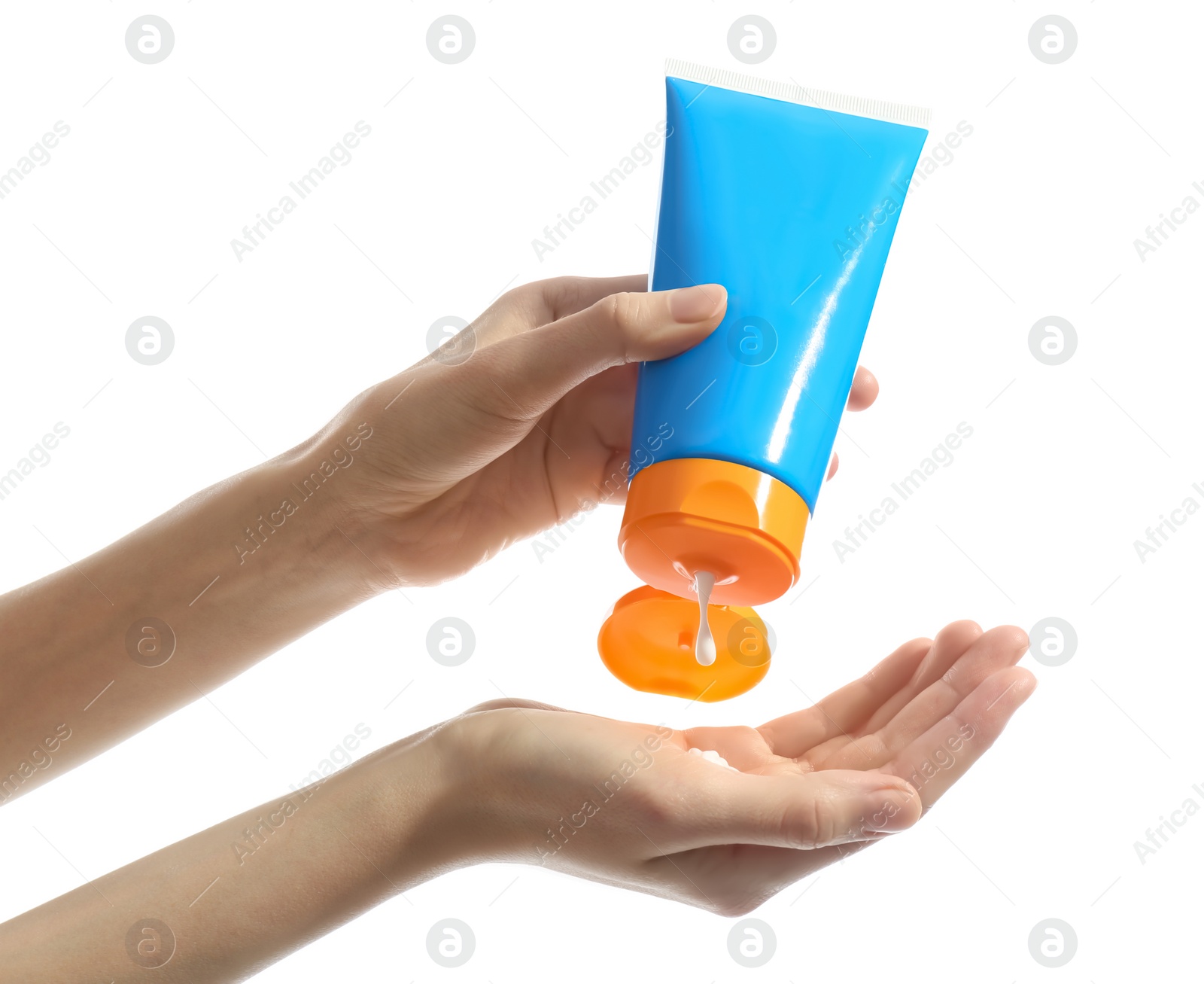 Photo of Woman applying sun protection cream on hand against white background, closeup