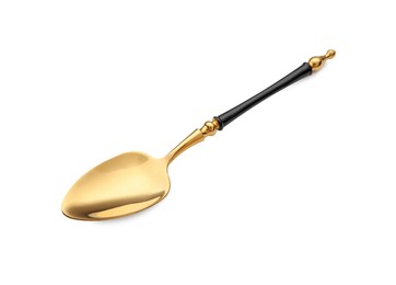 Photo of Elegant shiny golden spoon isolated on white