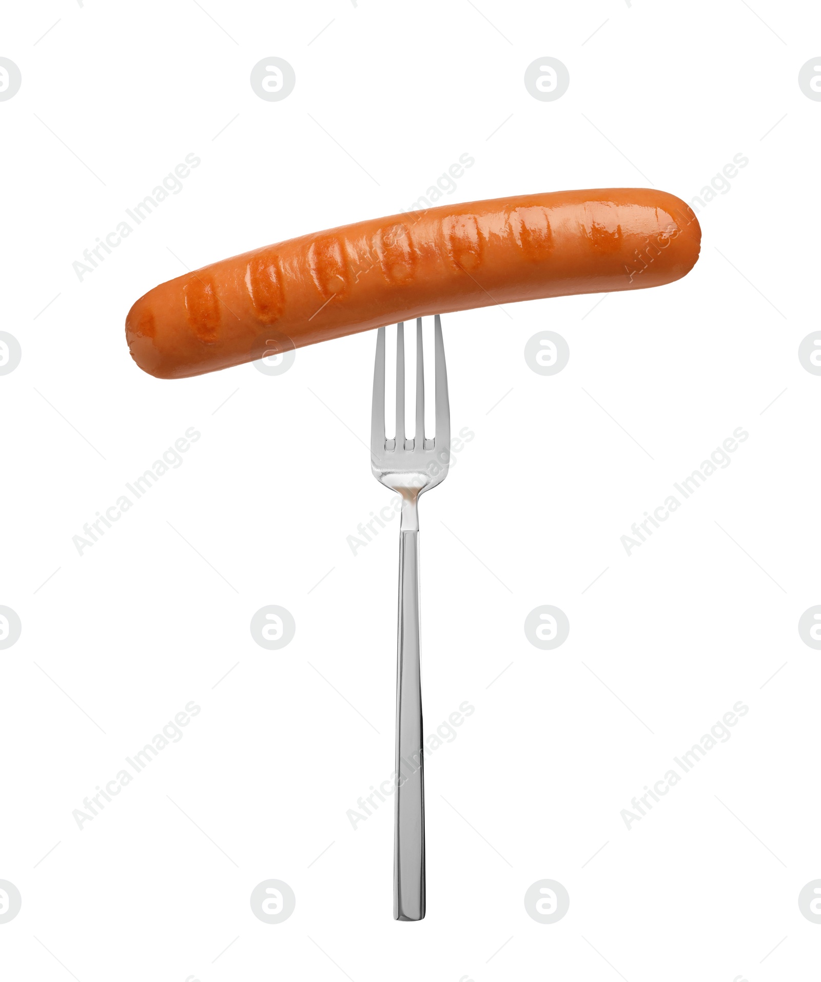 Image of Fork with grilled sausage isolated on white