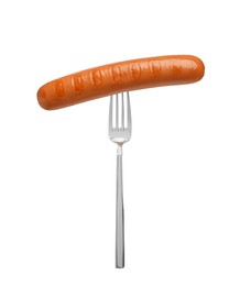 Image of Fork with grilled sausage isolated on white