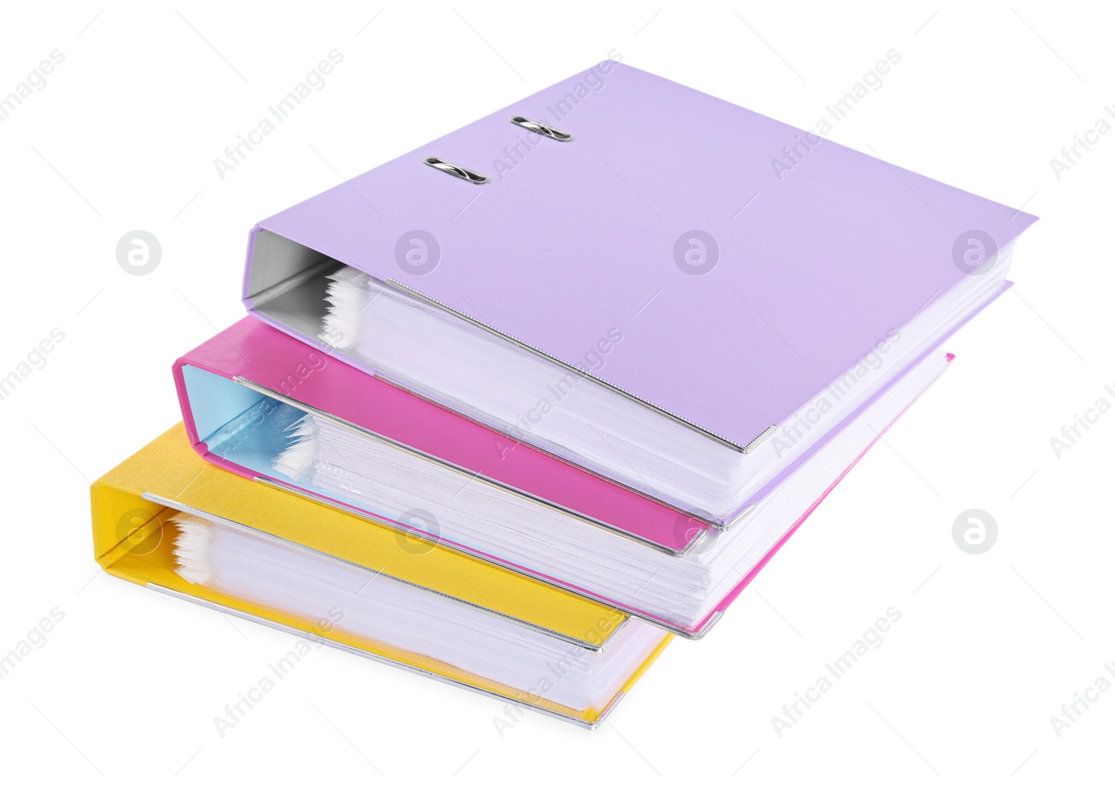 Photo of Many bright office folders isolated on white