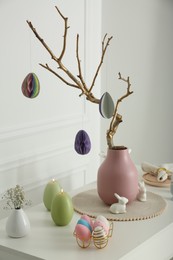 Beautiful festive composition with Easter decor on white table indoors