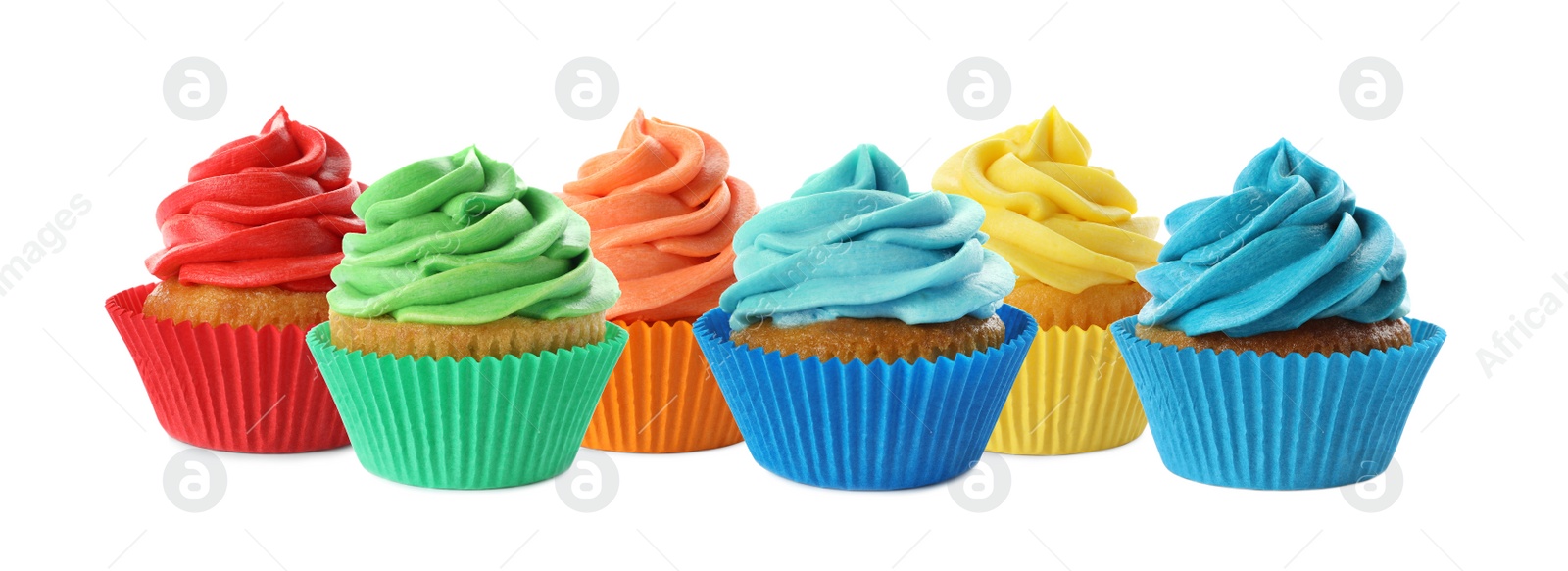 Image of Set of delicious birthday cupcakes on white background. Banner design