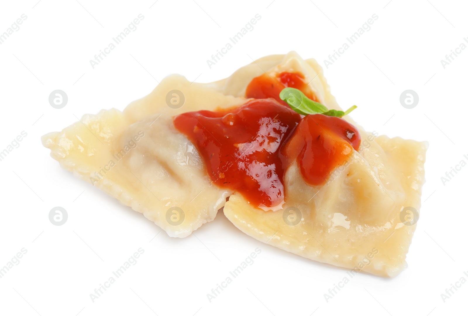 Photo of Tasty ravioli with tomato sauce on white background