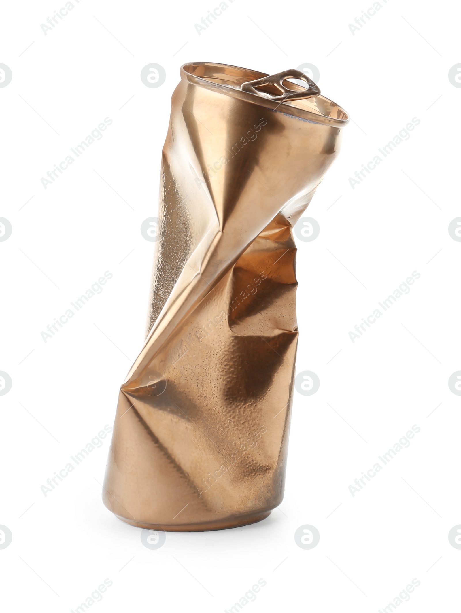 Photo of Empty crumpled aluminum can on white background. Metal waste recycling