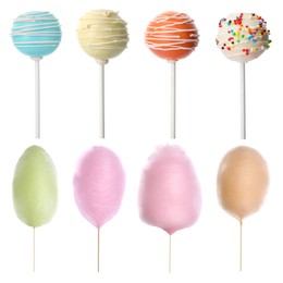 Tasty cake pops and cotton candies isolated on white, set