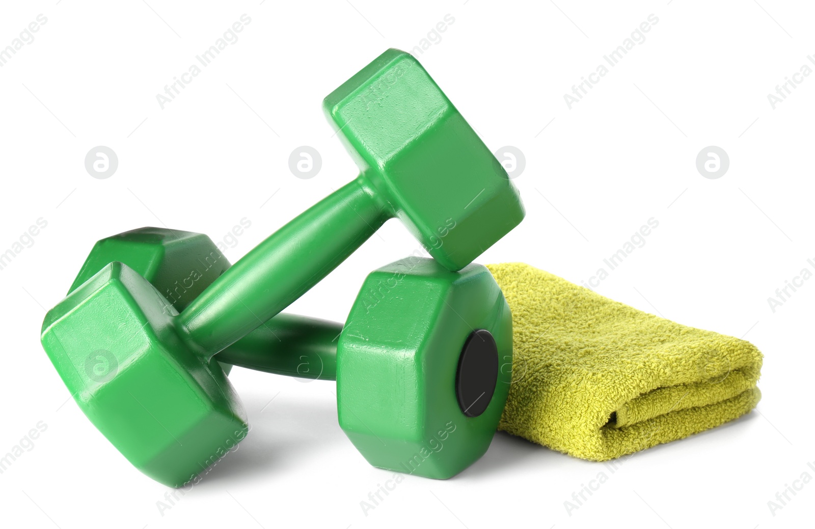 Photo of Dumbbells and towel isolated on white. Sports equipment