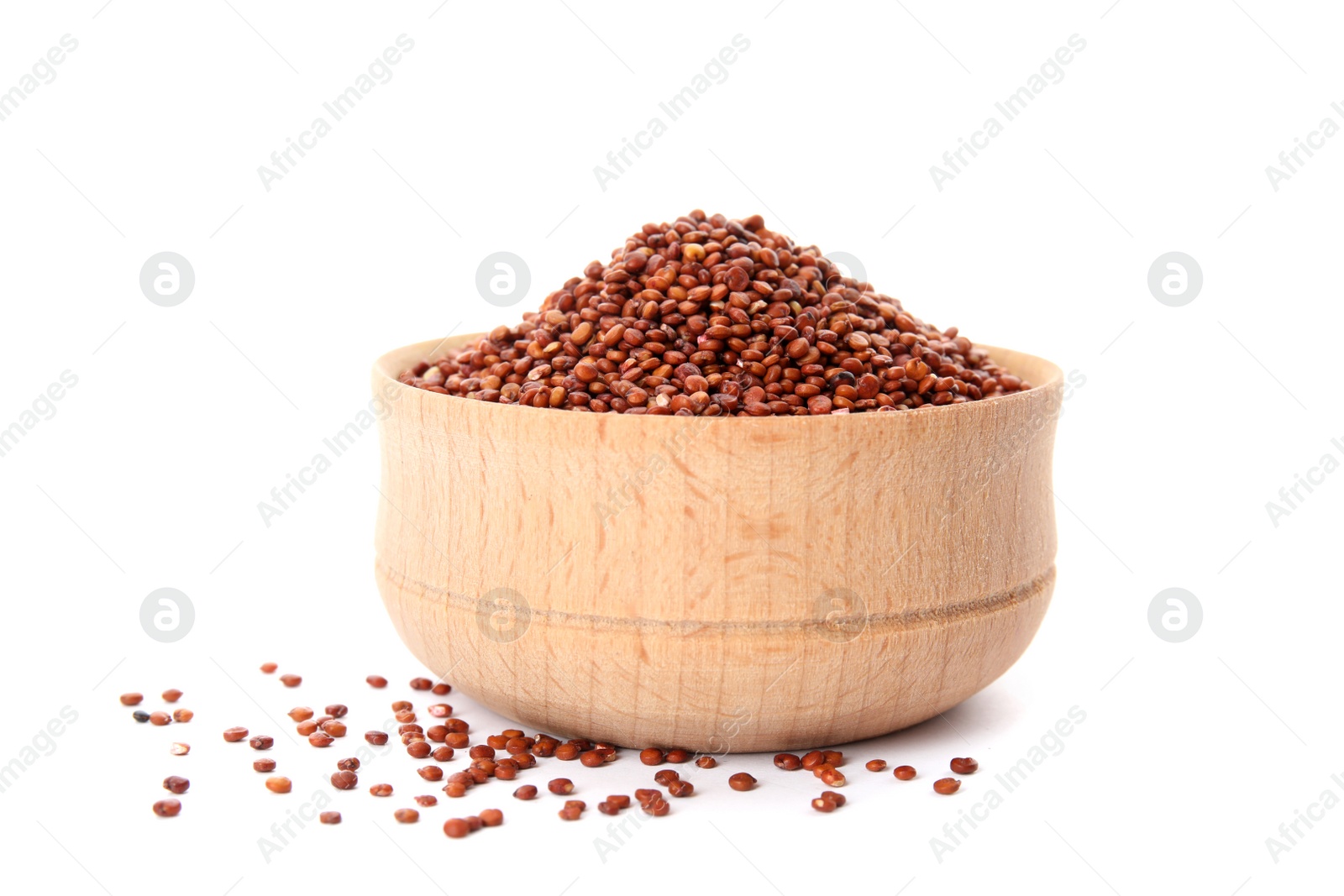 Photo of Bowl with red quinoa on white background