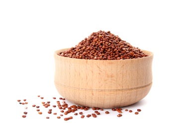 Bowl with red quinoa on white background