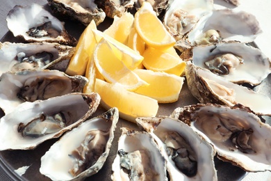 Fresh oysters with cut juicy lemon on plate, closeup