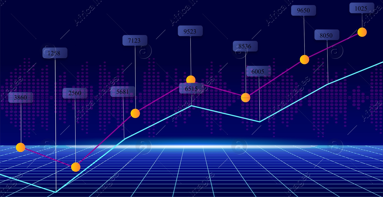 Image of Futuristic dashboard of business analytics information. Digital graph on blue background