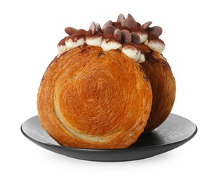 Photo of Round croissants with chocolate chips and cream isolated on white. Tasty puff pastry