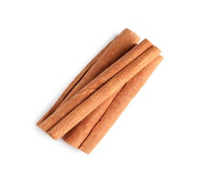 Photo of Cinnamon sticks isolated on white, top view