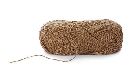 Photo of Soft brown woolen yarn isolated on white
