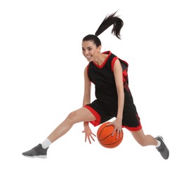 Photo of Professional sportswoman playing basketball on white background