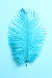 Photo of Beautiful delicate feather on light blue background, top view