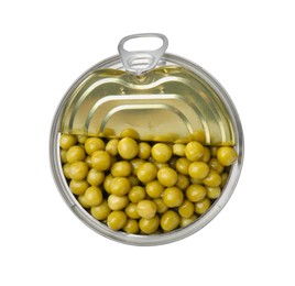 Photo of Open tin can of peas isolated on white, top view