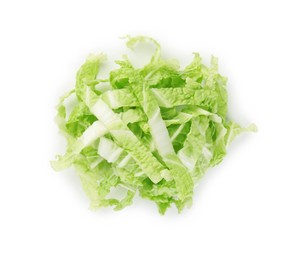Photo of Pile of shredded fresh Chinese cabbage isolated on white, top view