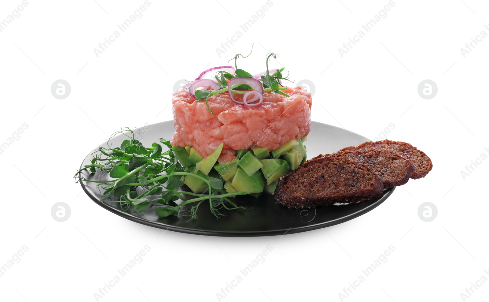 Photo of Tasty salmon tartare with avocado, microgreens and croutons isolated on white