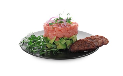 Tasty salmon tartare with avocado, microgreens and croutons isolated on white