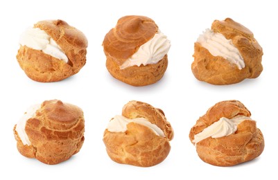 Image of Delicious profiteroles with whipped cream filling on white background, collage design