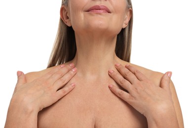 Mature woman with healthy skin on white background, closeup