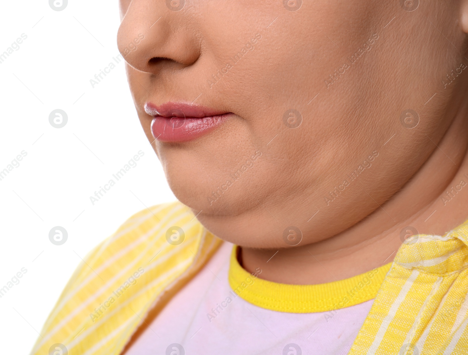 Photo of Woman with double chin on white background, closeup