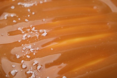 Delicious caramel sauce with sea salt as background, closeup