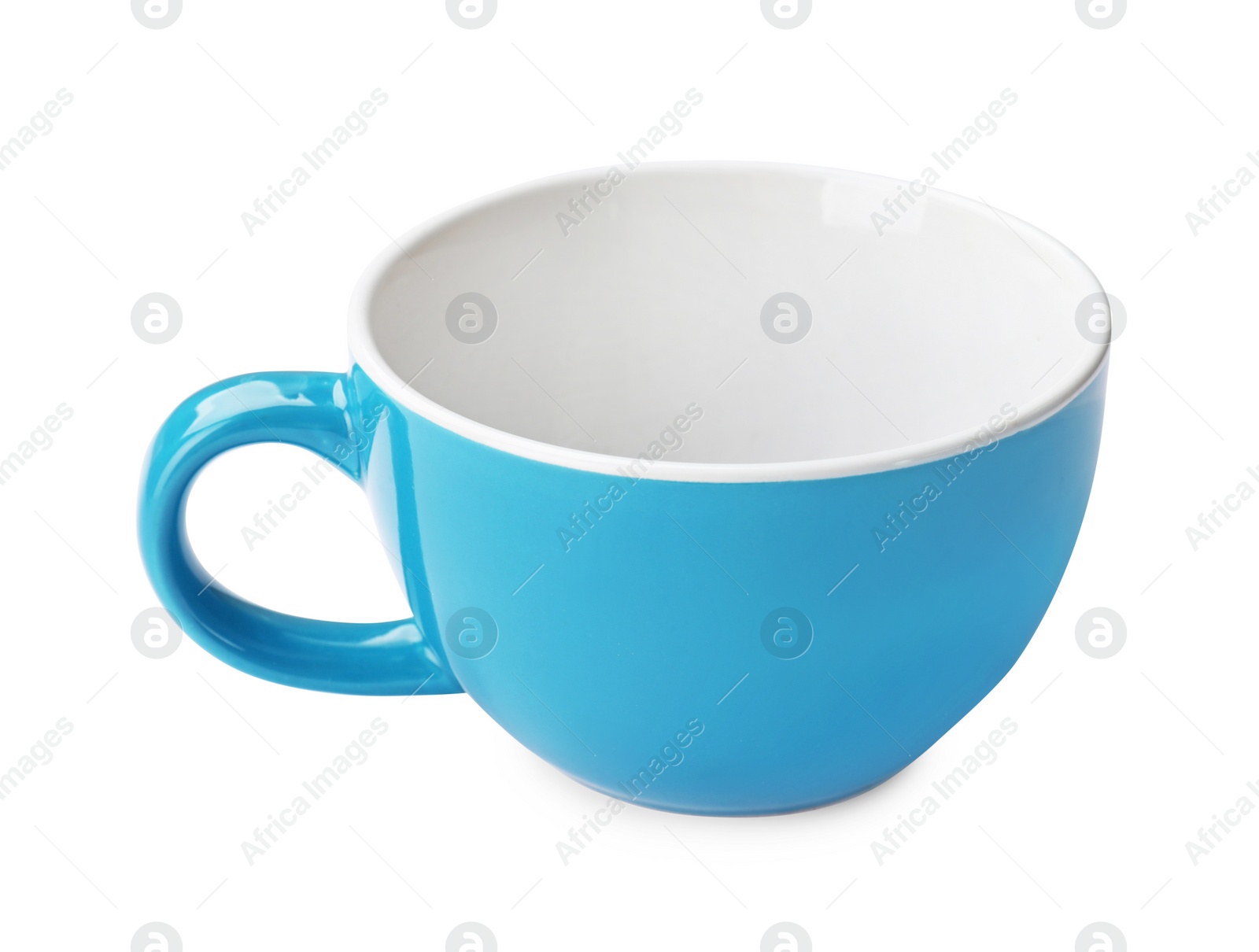 Photo of Light blue ceramic cup isolated on white