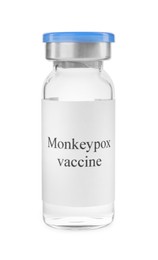 Photo of Monkeypox vaccine in glass vial on white background