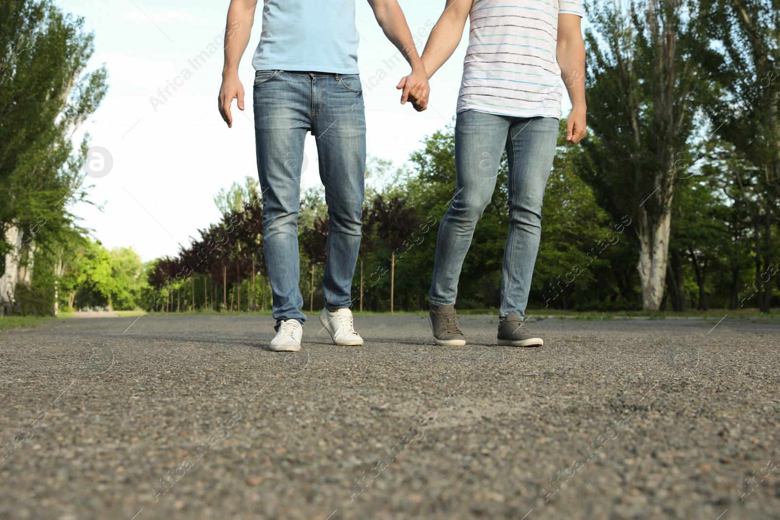 Photo of Gay couple walking in park on sunny day, closeup