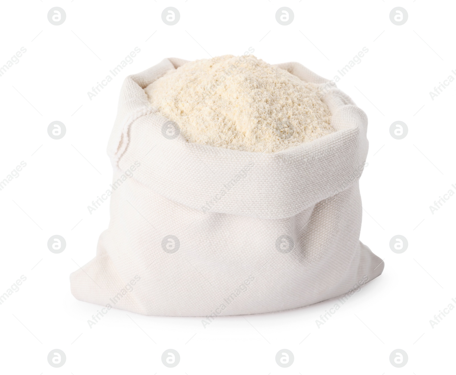 Photo of Sack with quinoa flour on white background