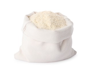 Sack with quinoa flour on white background