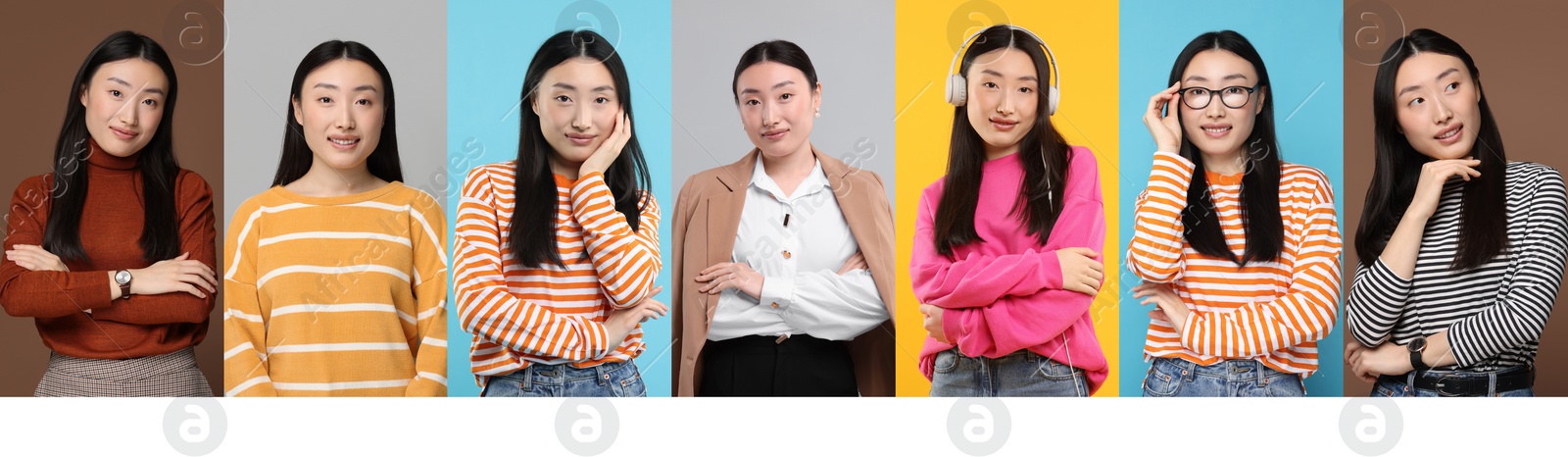 Image of Collage with photos of Asian woman on different color backgrounds