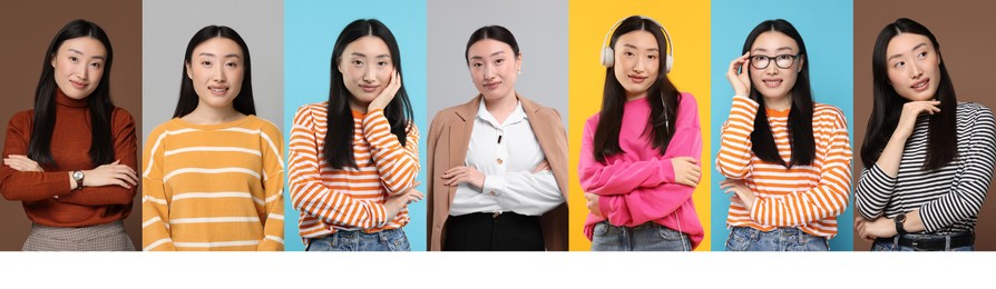 Collage with photos of Asian woman on different color backgrounds