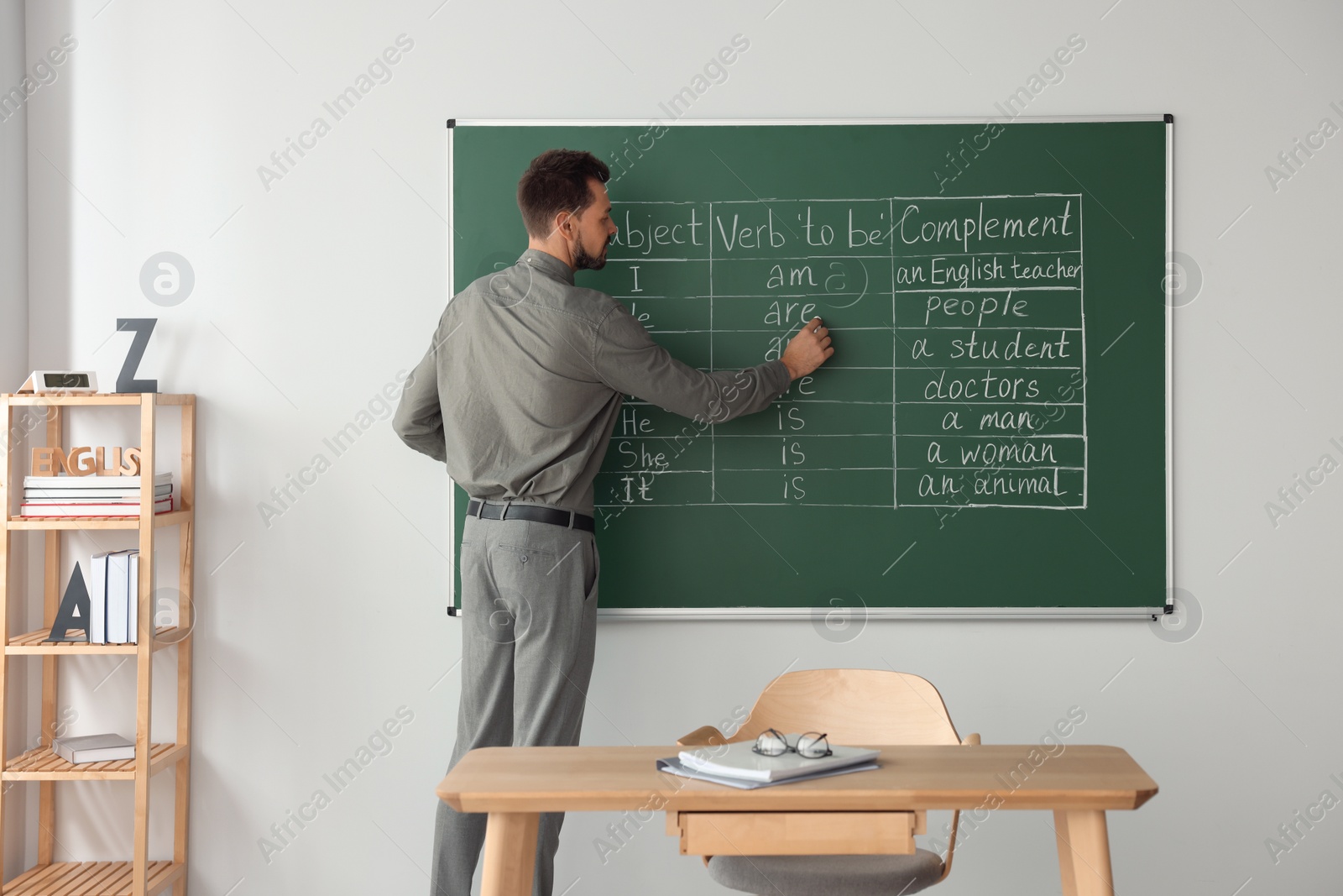 Photo of Teacher explaining English at blackboard in classroom