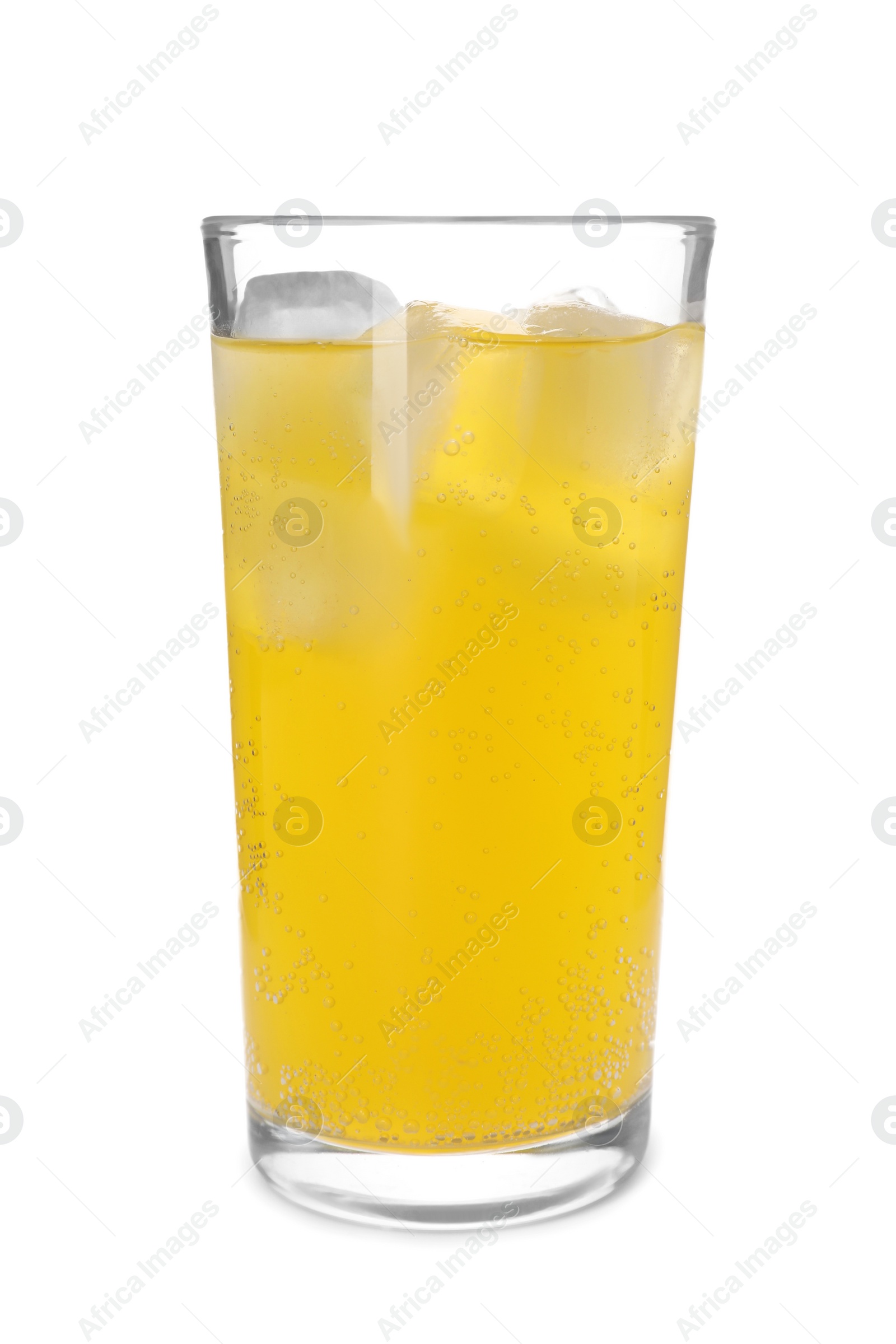 Photo of Glass of orange soda water with ice cubes isolated on white