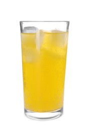 Photo of Glass of orange soda water with ice cubes isolated on white