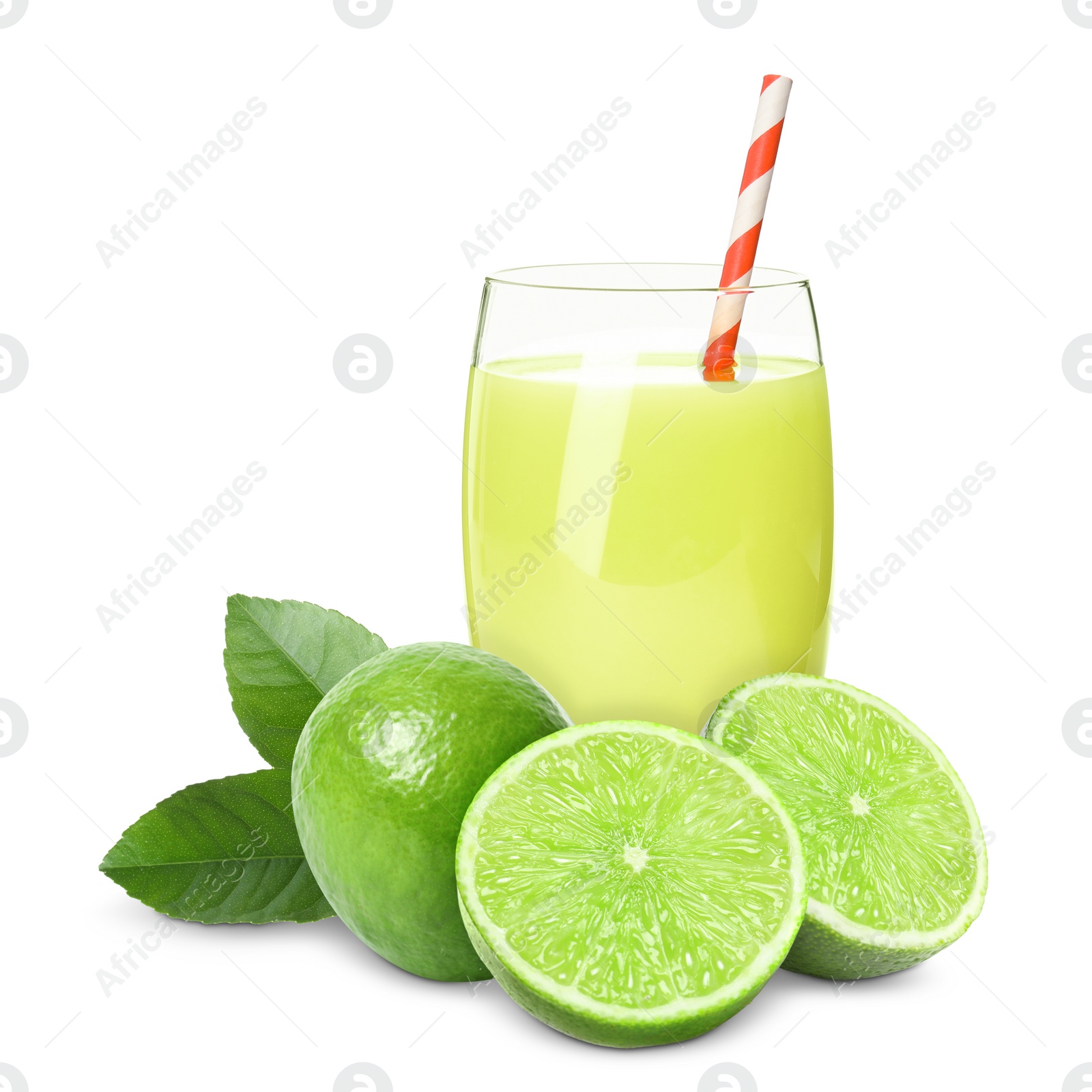 Image of Glass of lime juice, fresh fruits and green leaves on white background