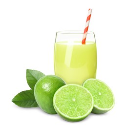 Image of Glass of lime juice, fresh fruits and green leaves on white background