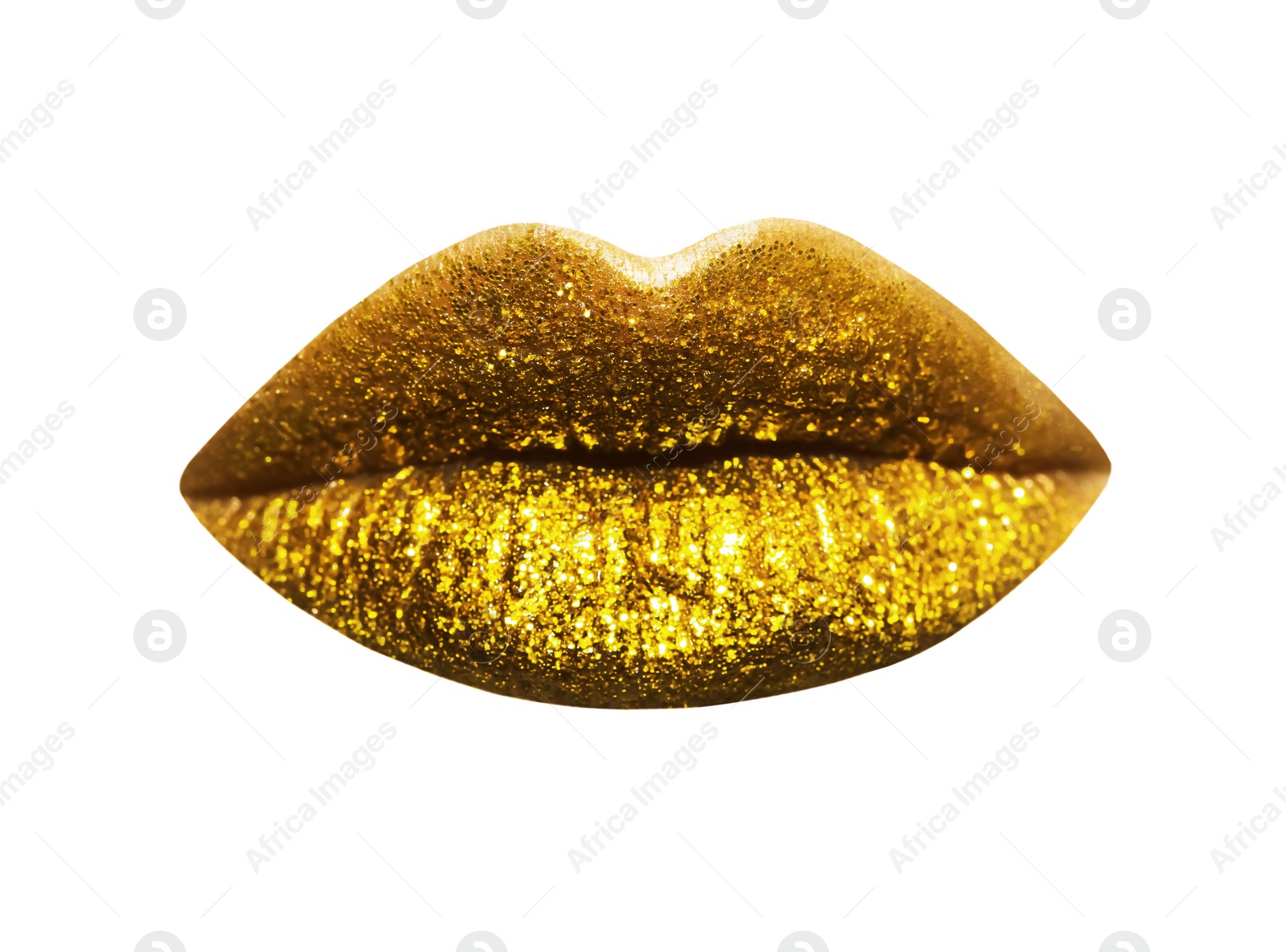 Image of Beautiful lips with shiny golden lipstick on white background