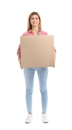 Photo of Full length portrait of woman carrying carton box on white background. Posture concept
