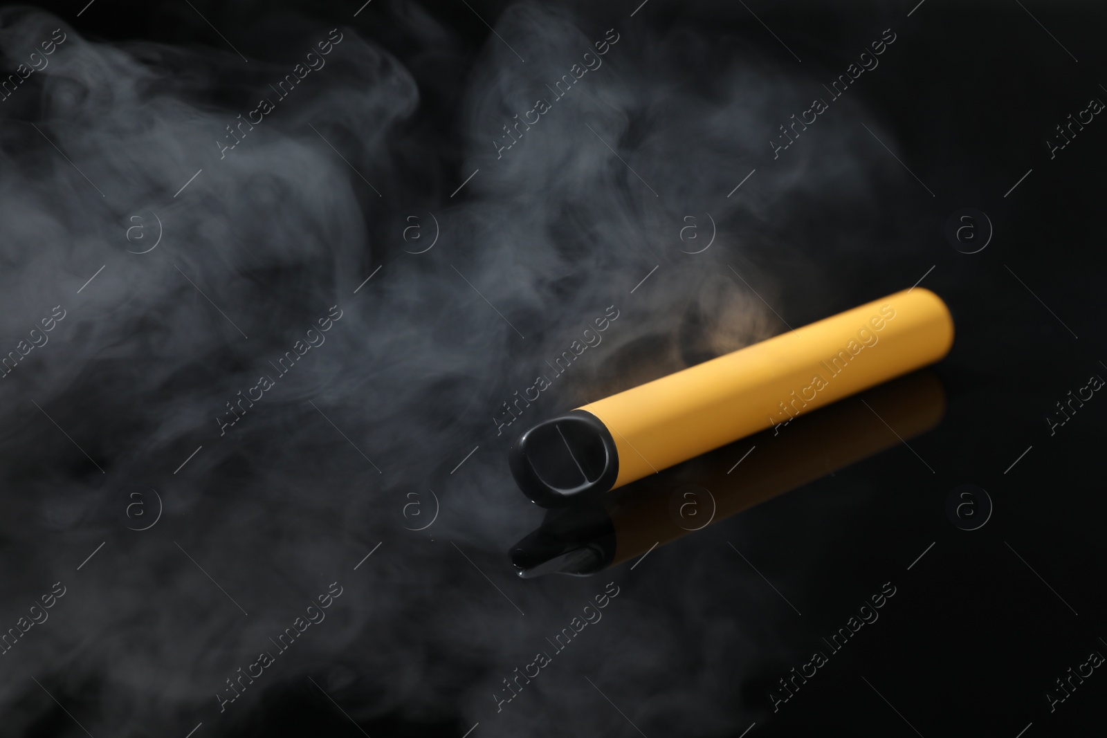 Photo of Electronic cigarette and smoke on black background, space for text