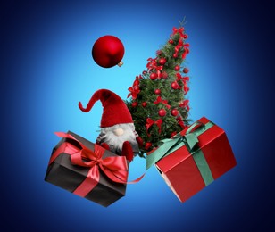 Image of Christmas celebration. Different festive stuff in air on blue gradient background