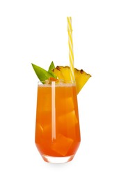 Photo of Tasty pineapple cocktail in glass isolated on white