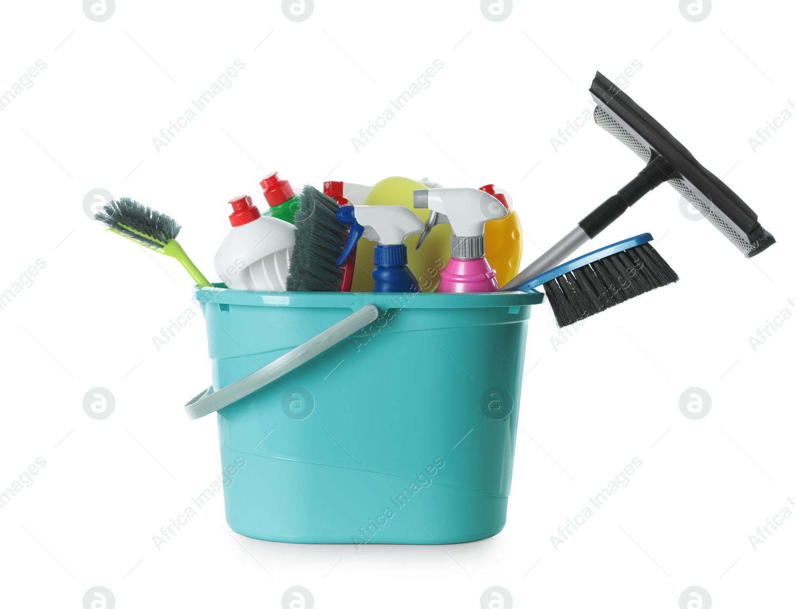 Photo of Plastic bucket with different cleaning supplies on white background