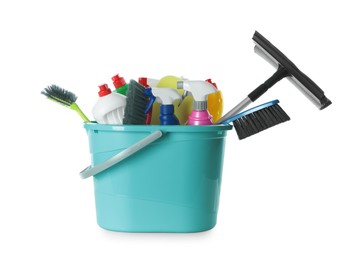 Photo of Plastic bucket with different cleaning supplies on white background