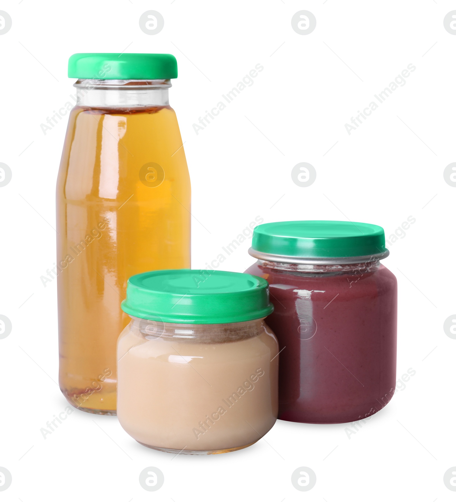 Photo of Healthy baby food and bottle with juice on light grey background